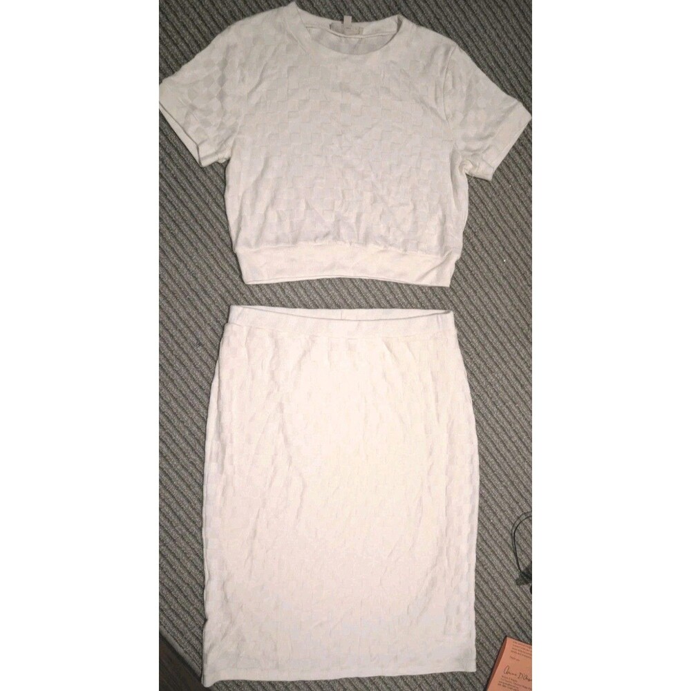 Atelier Women Cream Waffle Knit Co-Ord Crop Top Pencil Skirt